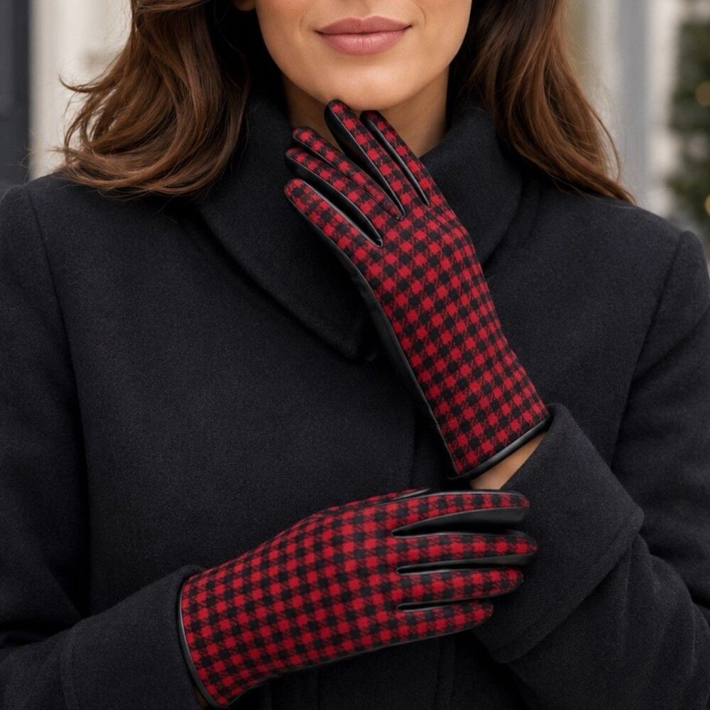 Houndstooth Gloves Womens M Red Black Faux Leather Winter Collection Eighteen